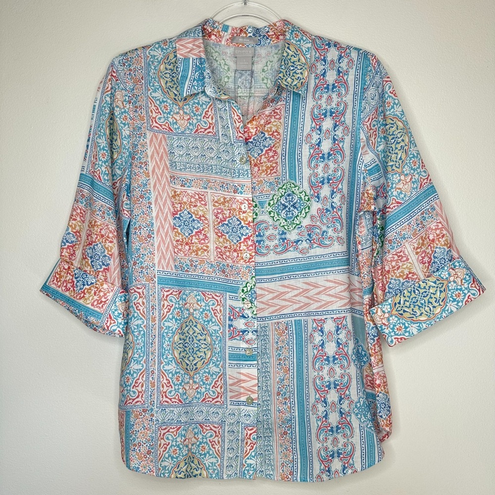 Chicos Linen Top‎ Size M Blue Patchwork No Iron